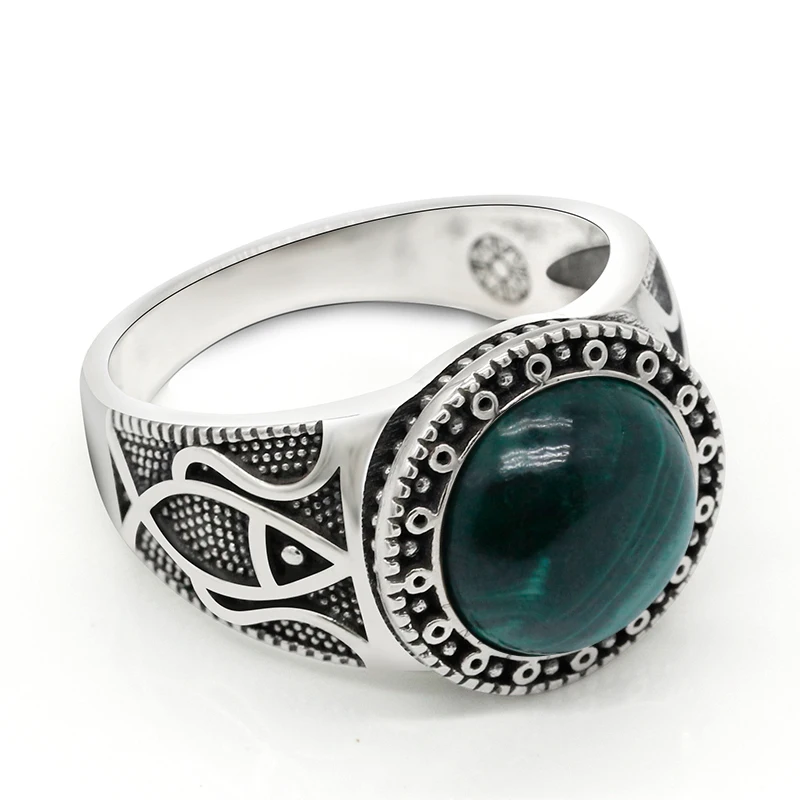 Natural stone pure 925 sterling silver antique Turkish ring, malachite men\'s agate color punk rock jewelry