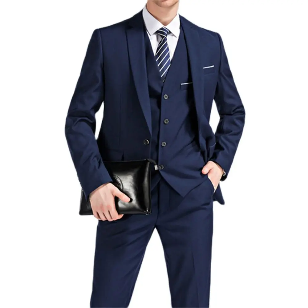 

3pcs Navy Blue Jacket Pants Vest Notch Lapel Blazer Trousers Groomsmen Tuxedo Best Man Suits Wedding Business Daily Dinner Coats