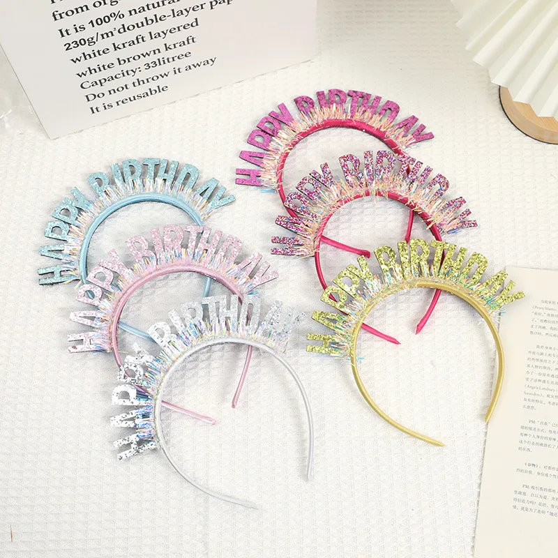 

Cake Decoration Happy Birthday Laser Sequin Flashing Hair Hoop Headdress Fairy Birthday Party Card Plug-In Gender Secret Product