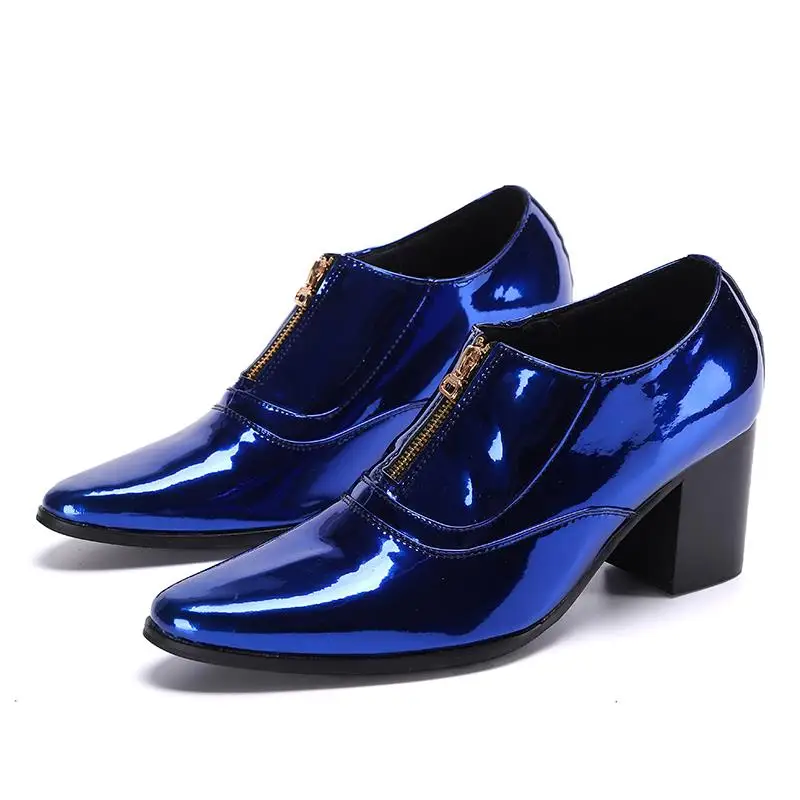 

Blue Height Increase Dress Shoes Men High Heels Fashion Patent Leather Party Shoes Celebrity Nightclub Bar Career Work Shoes