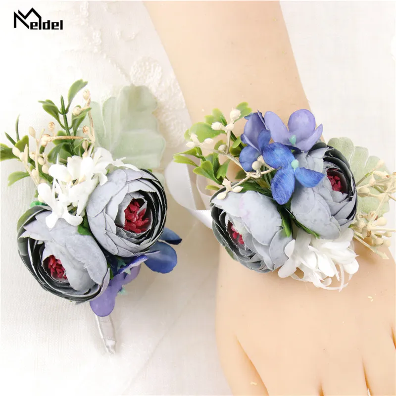 Meldel Chú Rể Boutonniere Hoa Cưới Lụa Hoa Hồng Phù Dâu Cổ Tay Corsages Cưới Vòng Tay Hoa Xòe Phù Hợp Với Chân Trang Trí