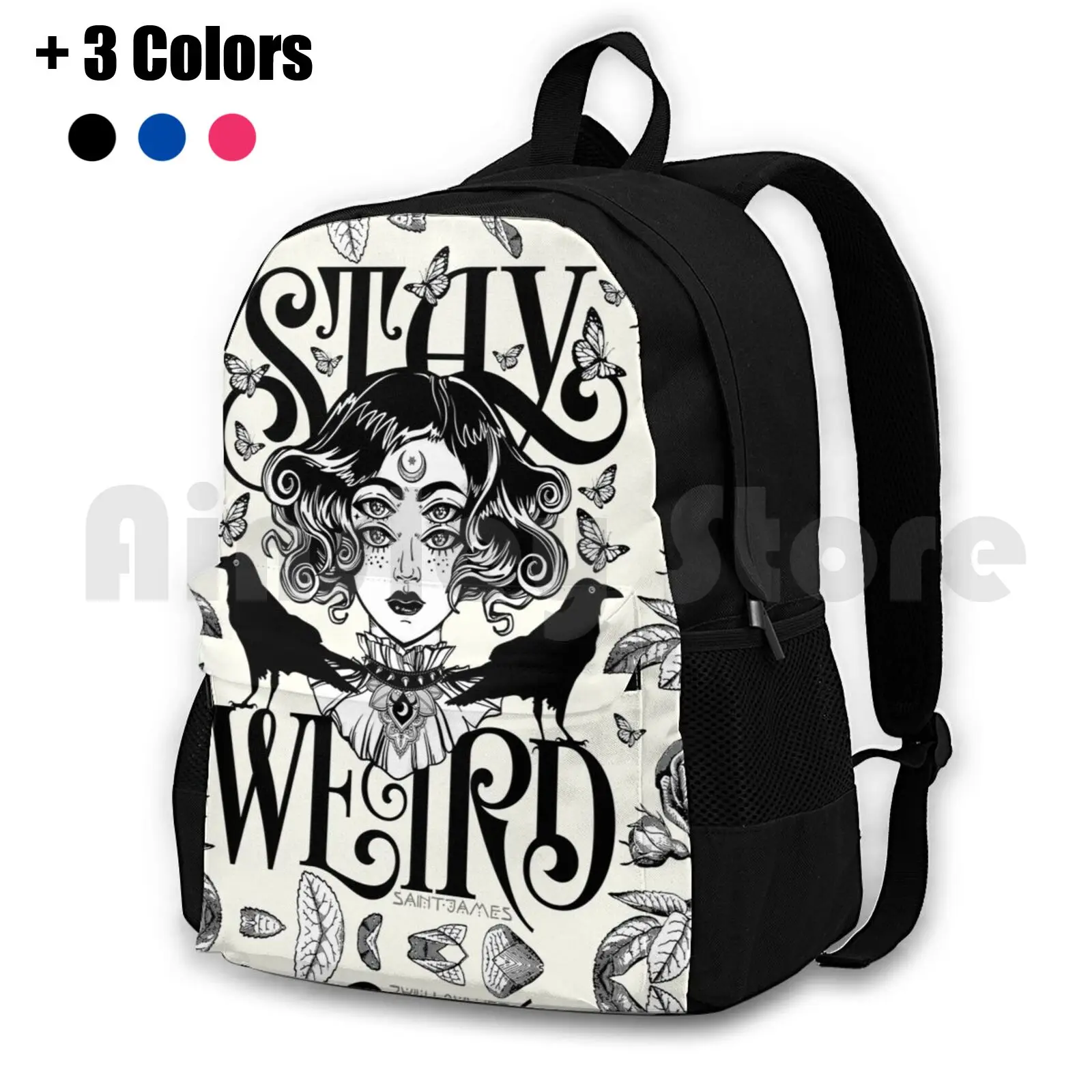 Stay Weird ( Black & White Version ) Outdoor Hiking Backpack Riding Climbing Sports Bag Stay Weird Halloween Girls Raven Crow