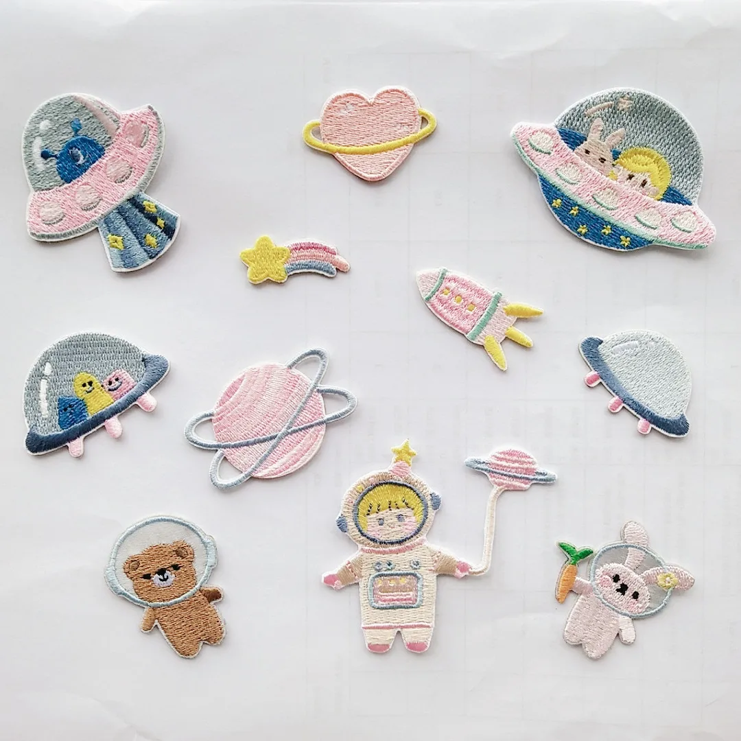 Self-adhesive Cute Bear Astronaut Spaceship Embroidery Patches for Clothes Sticker Iron on Clothing Stripe Diy Cartoon Applique