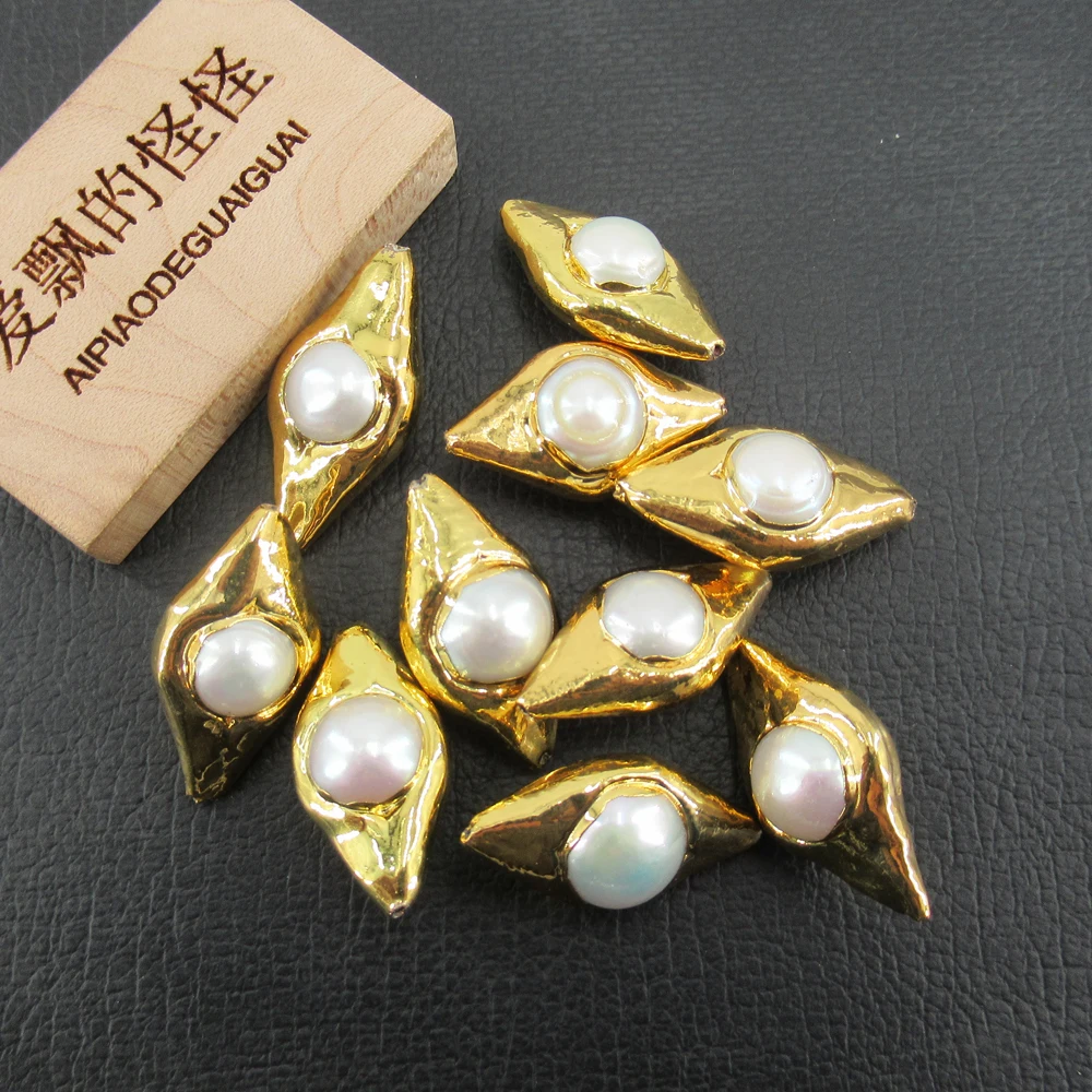 

APDGG Wholesale 10 Pcs Gold Plated Natural White Pearl Beads Olive Shape Charm Boho Jewelry DIY Making