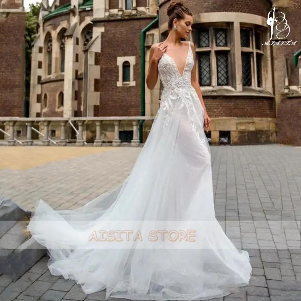 Vestidos de casamento sexy decote em v cintas de espaguete aberto para trás renda e tule apliques linha trem varredura vestidos de noiva robe de mariée