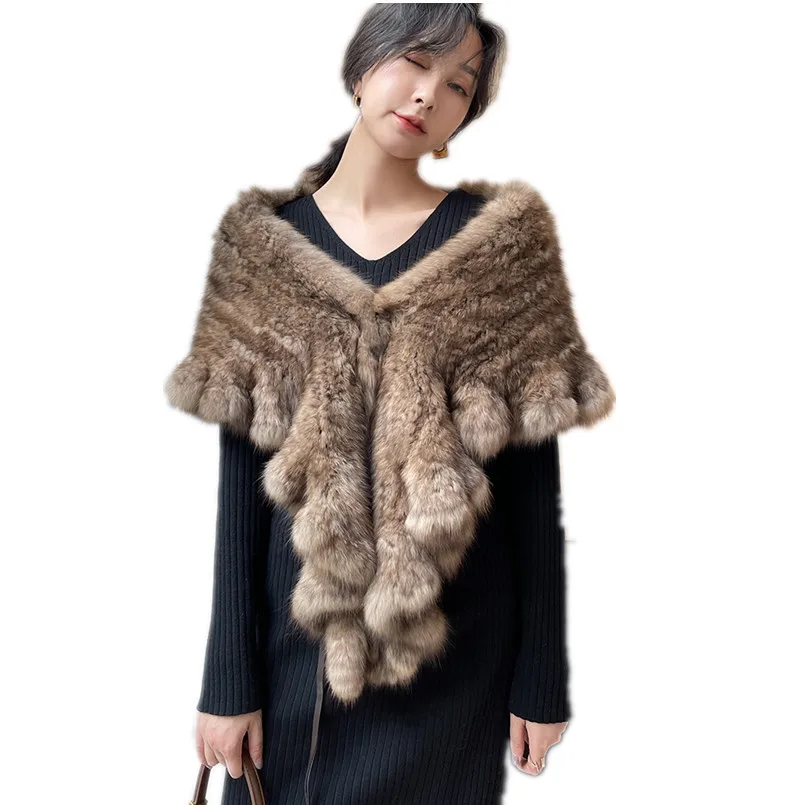 

High Quality Women's 100% Real Sable Fur Knitted Cape Natural Mink Fur Scarf Winter Wraps Shawl