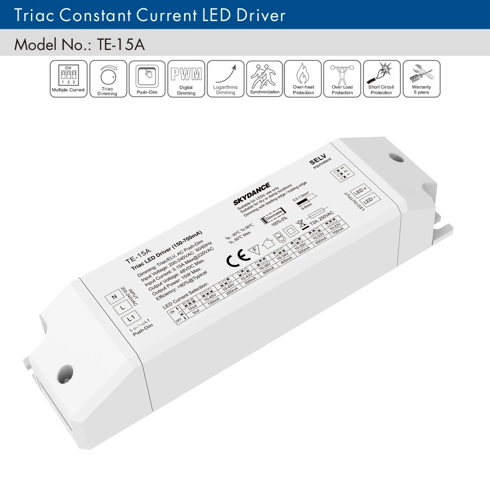 Led Triac Dimming Driver TE-15A/25A/36A 200-240V input,Output 15-36W 150-1200mA constant current Triac Dimmable LED Driver