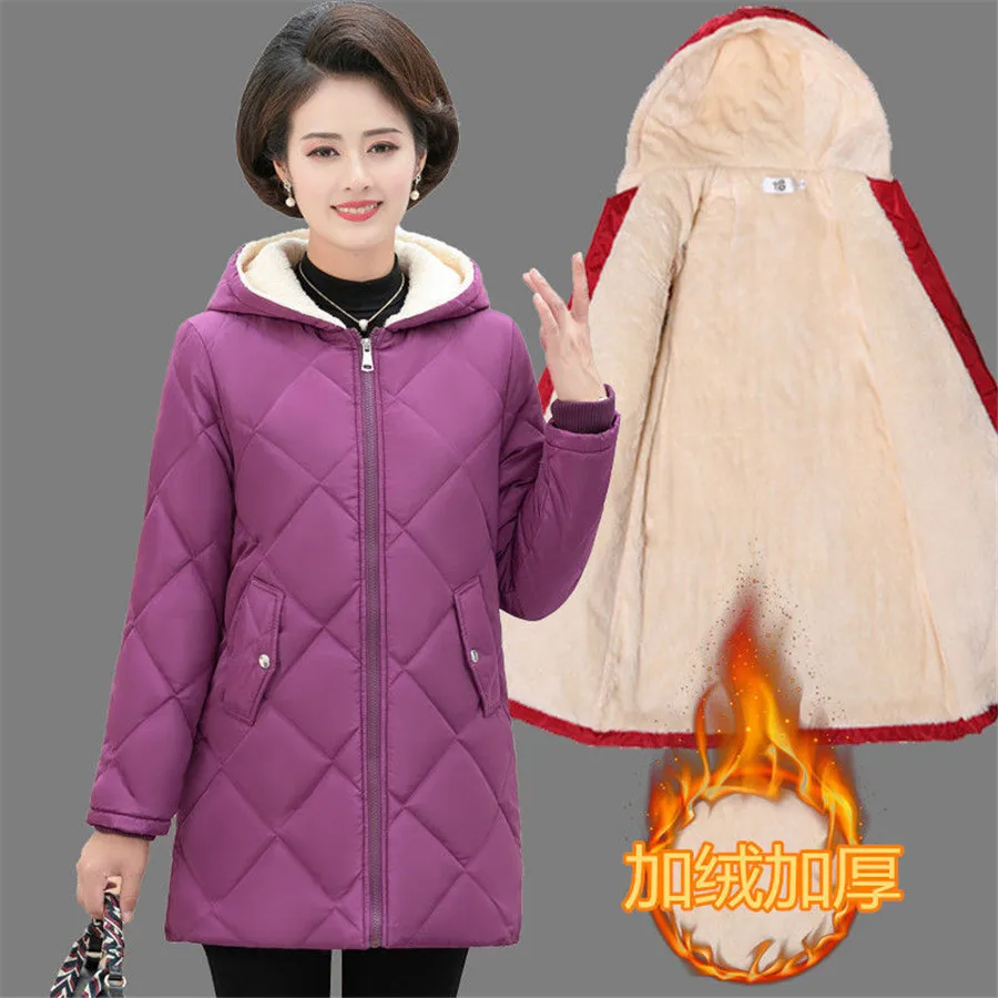 

Factory direct Autumn Winter Middle-aged Lady Hooded Jacket Women Slim Plus Cashmere Warm Coat Plus size Casual wam coat