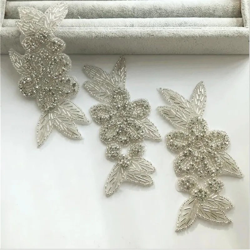 silver flower crystal Rhinestone lace Applique beaded applique Iron on patch for wedding dresses