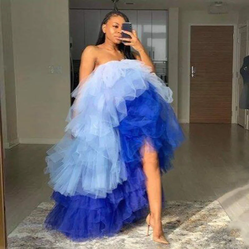 

Candy Colorful Blue Maxi Skirt Women Dress Strapless Tiered Puffy Tulle Tutu High Low Prom Gowns Lush Saia Shooting Dress Custom