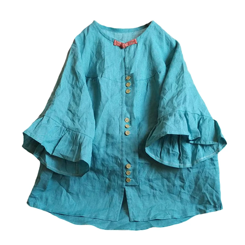Women Vintage V Neck Ramie Solid Loose Blouse