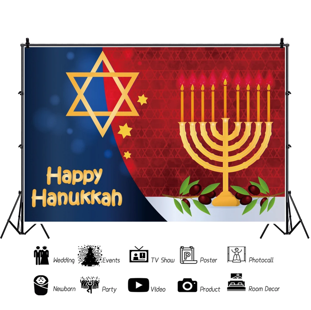 Happy Hanukkah Festival Menorah Candles Stars Fruit Party Customized Banner Photo Background Photography Backdrop Photocall