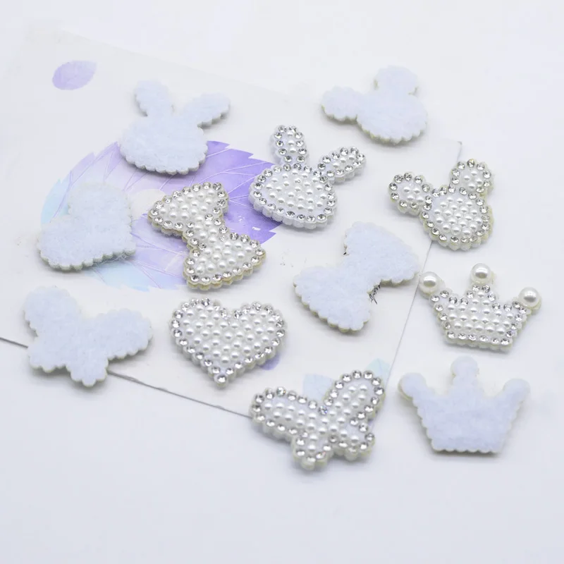 15Pcs/lots Mixed Pearl Butterfly Bow Tie Patches Rhinestone Heat Crwon Stick-on Patches Applique Clothes Hairband Garment Supply