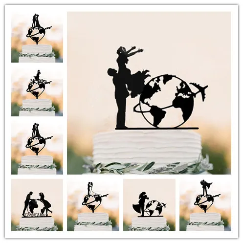 Mr & Mrs World Map Cake Topper Travel Themed  Wedding Bride & Groom Cake Topper for anniversary acrylic