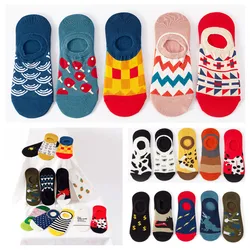 5 pairs Spring Summer Unisex Men Women Leisure Silicone Anti Slip Cotton Socks Funny Fruit Animal Slippers Invisible Socks