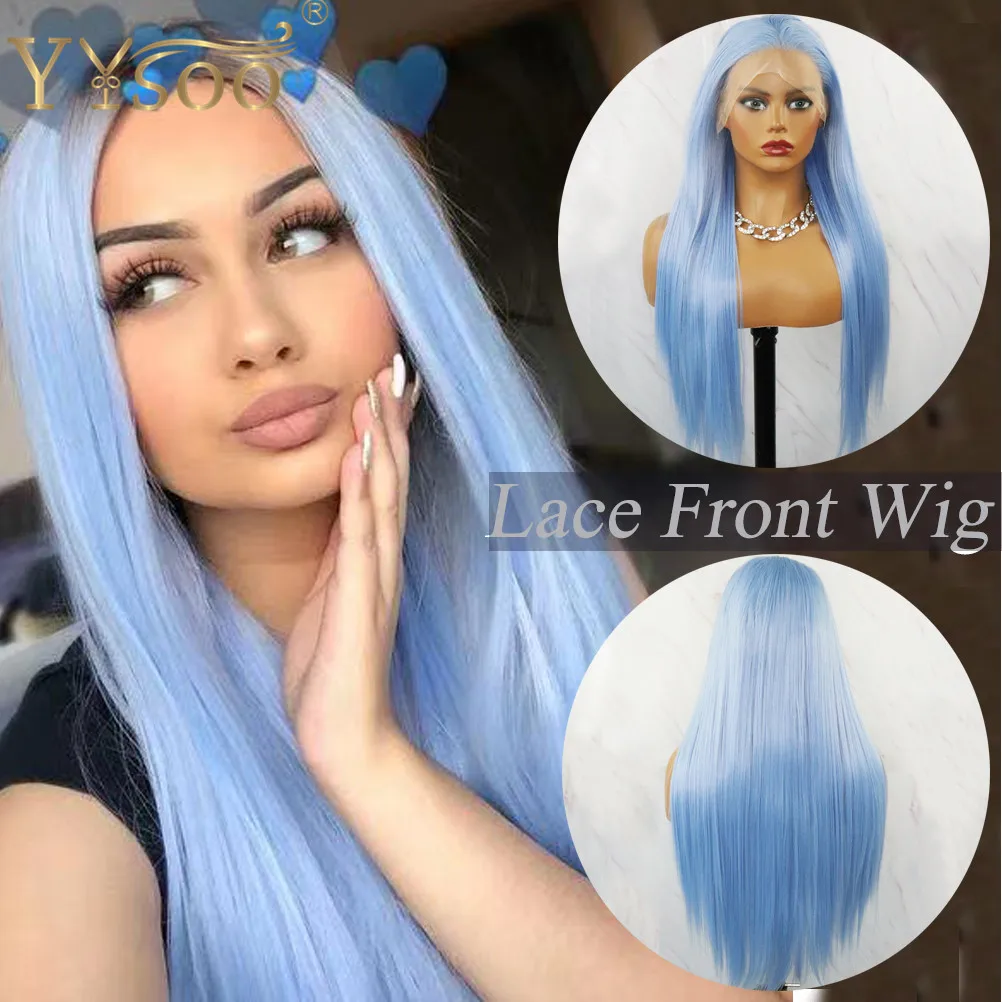 YYsoo Light Blue 13x4 Lace Front Wigs For Women Girls Synthetic Silky Straight Blue Wigs with Natural Hairline Middle Part