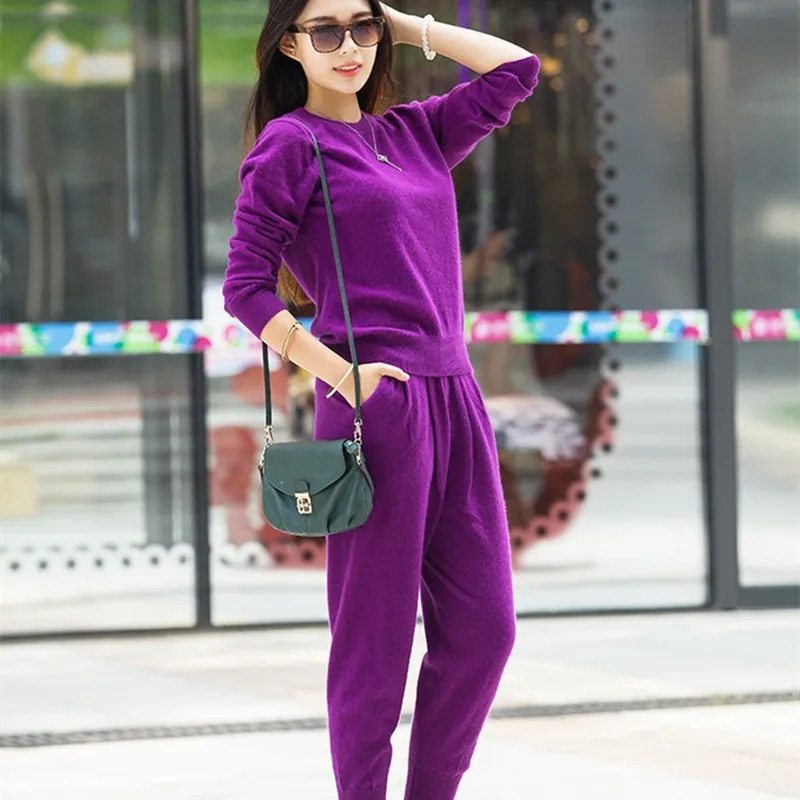 

new pattern2-piece women's Knitted Sportswear high neck sweater + carrot jogging pants Pullover Sweater Set knitted coat