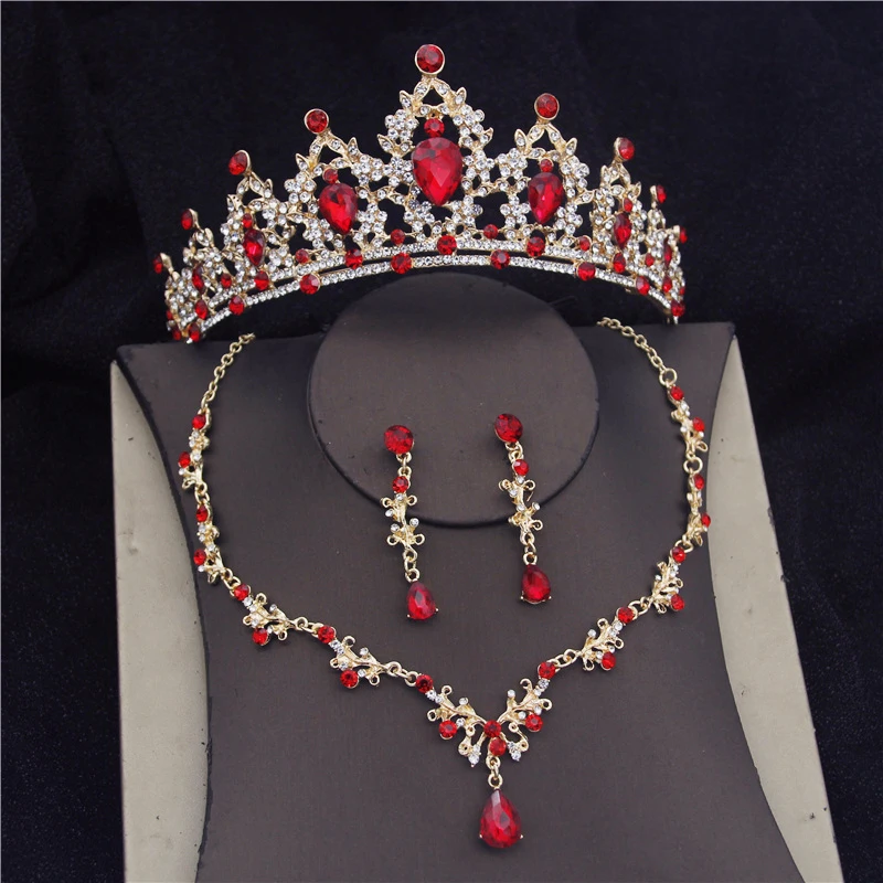 Gorgeous Red Crystal Bridal Jewelry Sets for Women Fashion Tiara Crown Bride Necklace Sets Earring Prom Wedding Accessory