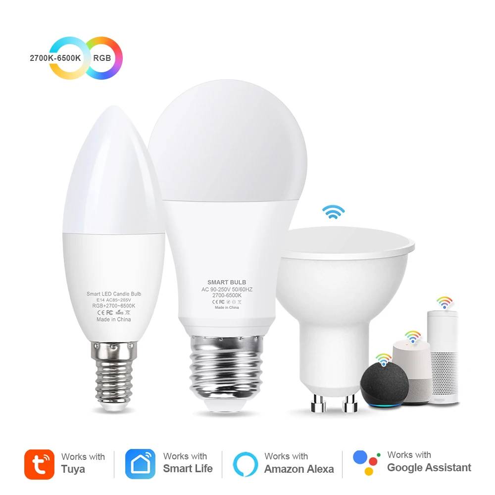 WiFi RGB E27 LED Light Bulb White WarmWhite Dimmable Color Changing E14 GU10 Smart Light Bulb Work with Alexa Amazon/Google Home