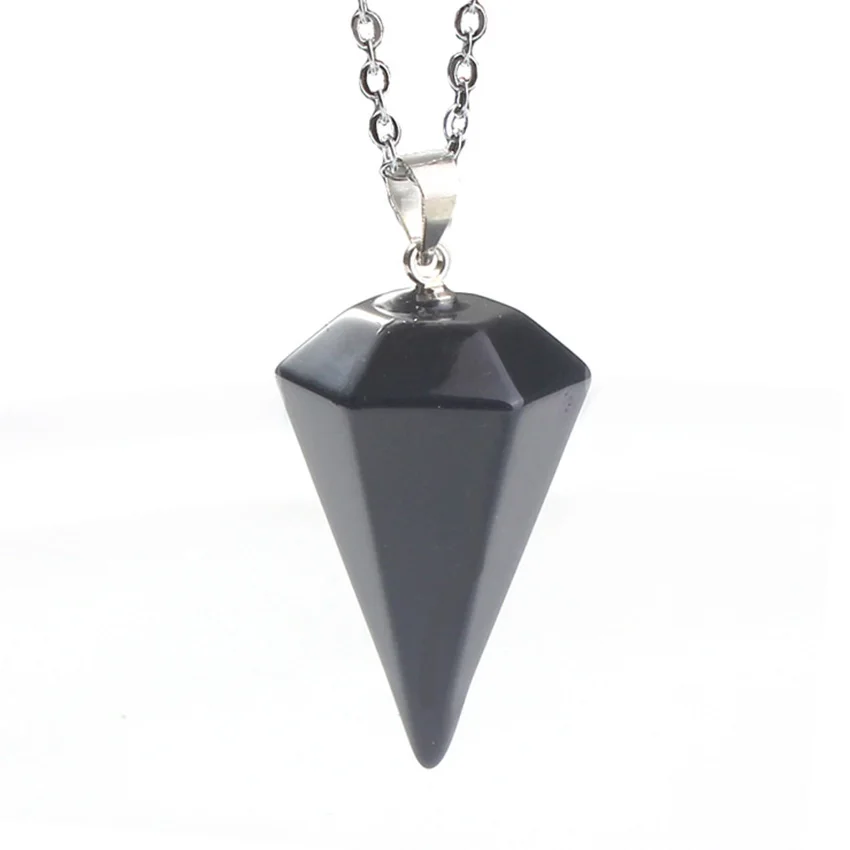 KFT Natural Stone Hexagon Pyramid Pendant Healing Crystal Quartz Agates Stone Pendants Necklace Link Chain Jewelry For Women Men