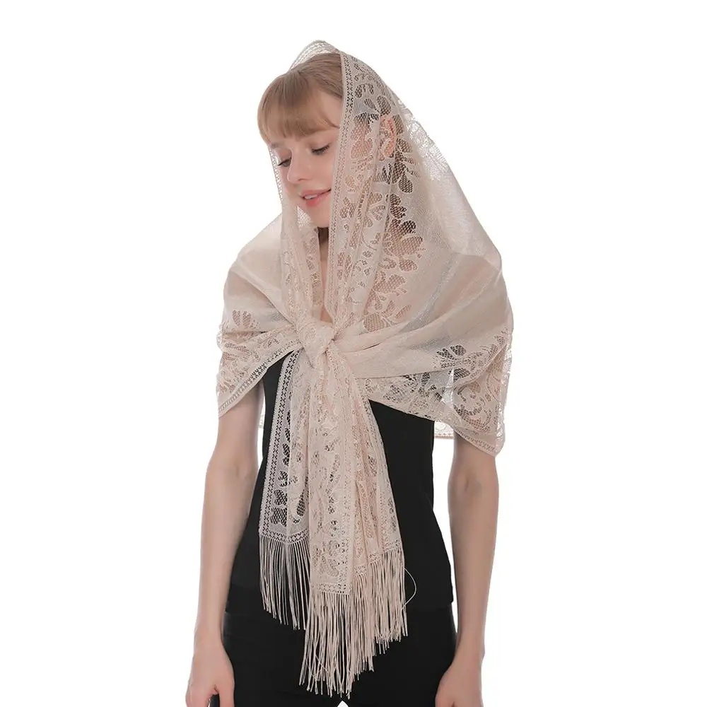 Embroidery Lace Woman's Veils Church Tassel Long Shawls Hollow Out Muslim Woman Hijabs Elegant Party Shawl Scarves Maxi Wrap