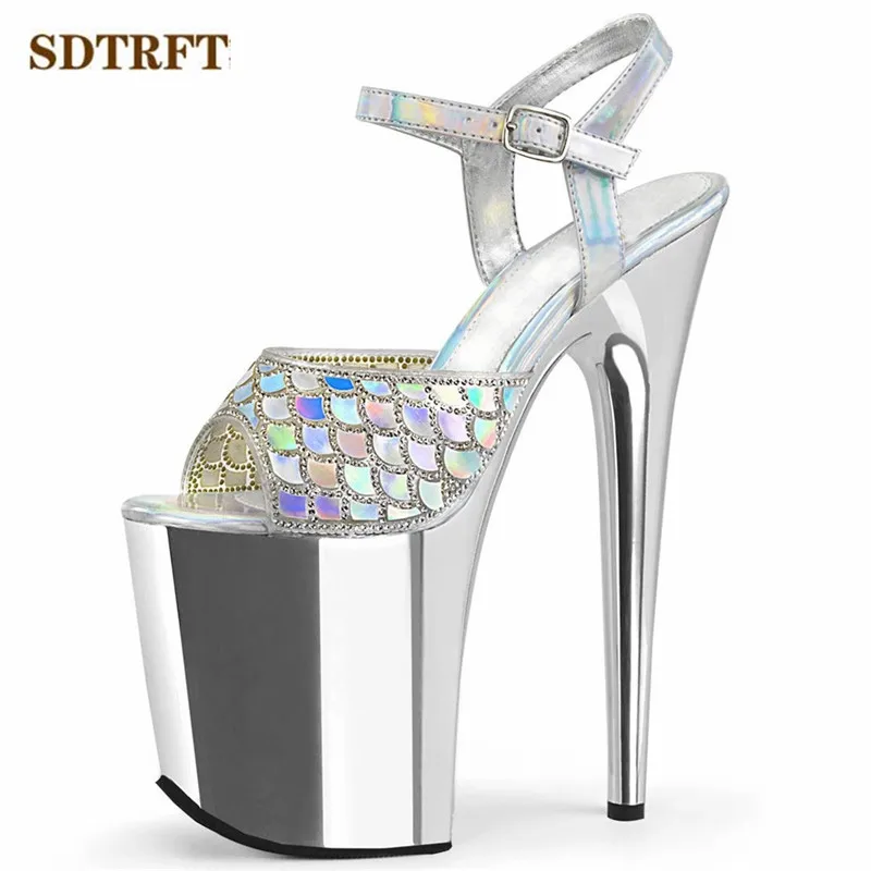 New 2021 Catwalk Shows stiletto Ankle Strap 8 inch Sandals 20cm Thin High-Heeled shoes Women\'s Electroplated Waterproof pumps