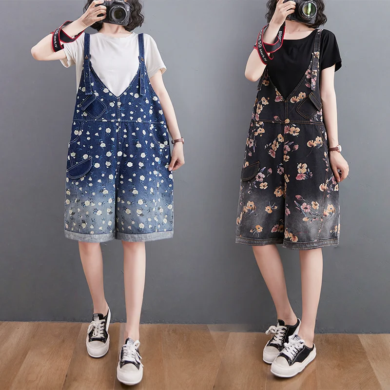 

#2329 Black Blue Floral Printed Overalls For Women Loose Casual Vintage Denim Playsuits Female Wide Leg Rompers Womens Summer