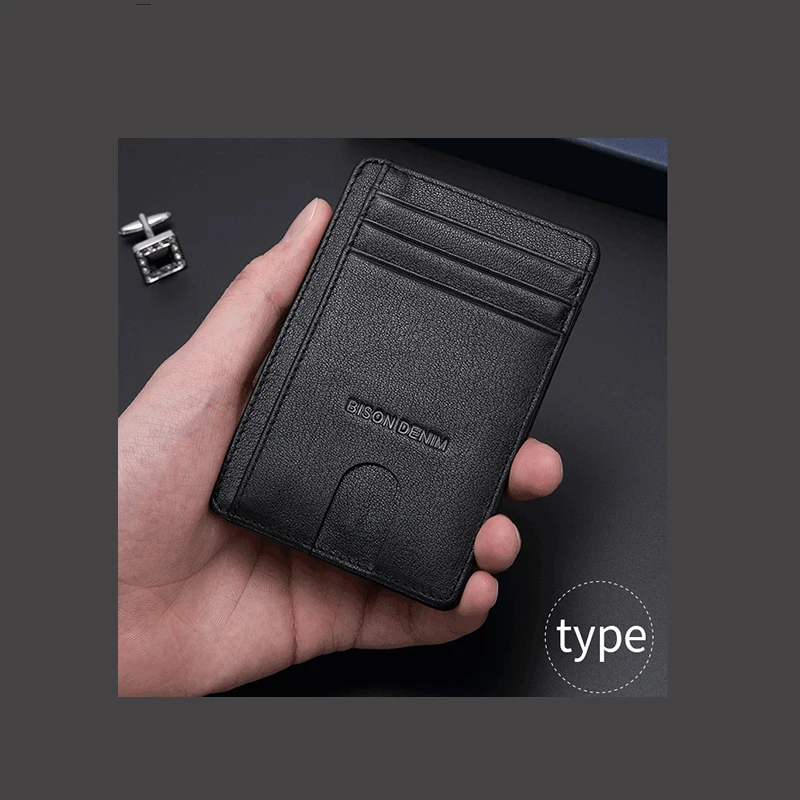 BISON DENIM Genuine Leather Fashion Slim Minimalist Men Wallet Credit Card Holder RFID Blocking Leather Purse Cowskin W9670-1B