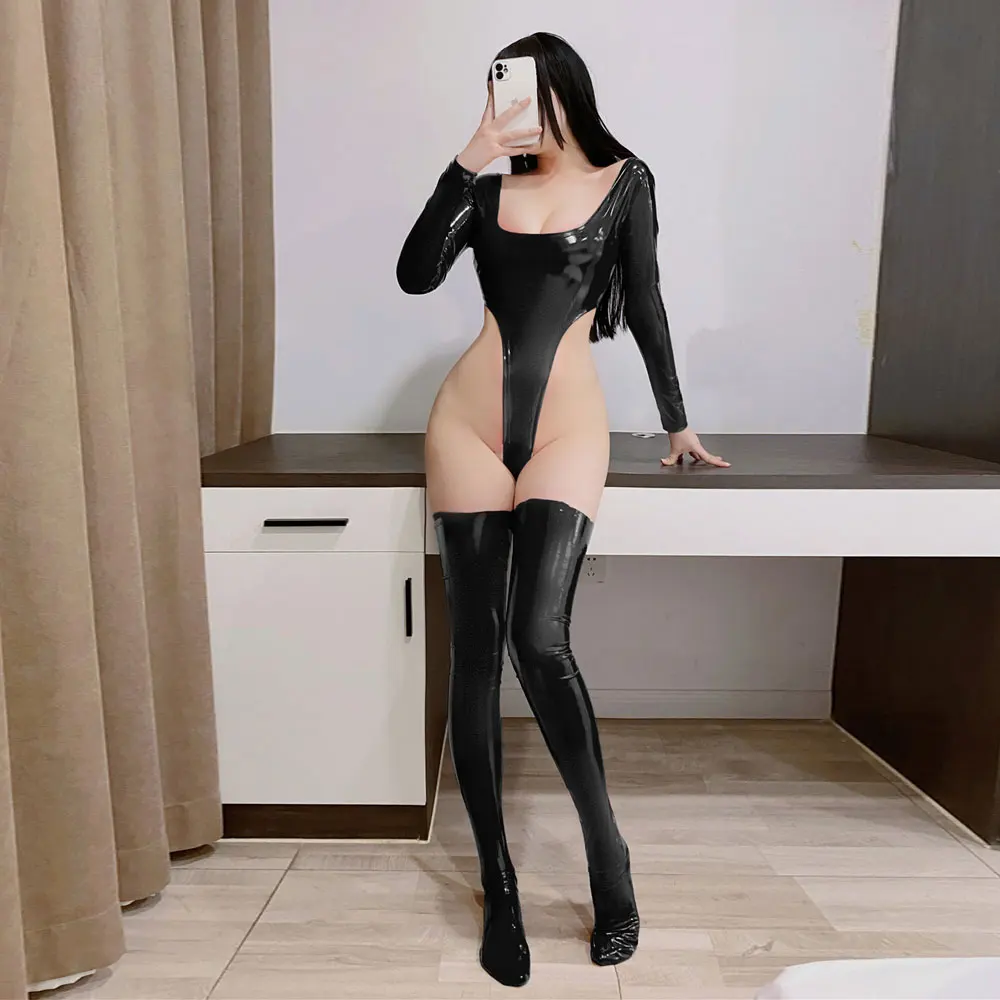 Sexy Bandage High Cut Bodysuit Open Crotch Sexy Tight PU Faux Leather Latex Oil Shiny Cosplay Stage Wear Wetlook Erotic Lingerie