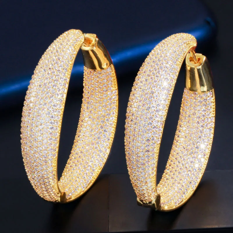 

Zlxgirl jewelry Brand Dubai Gold color Micro Pave Cubic Zirconia Round Big Statement Hoop Earrings brand women's wedding earing