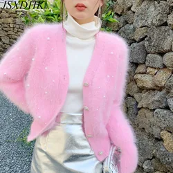 High Quality Korean Autumn Winter Mink Cashmere Sweater Coat Fashion Women V Neck Pink Beading Soft Thick Warm Cardigan Outwear