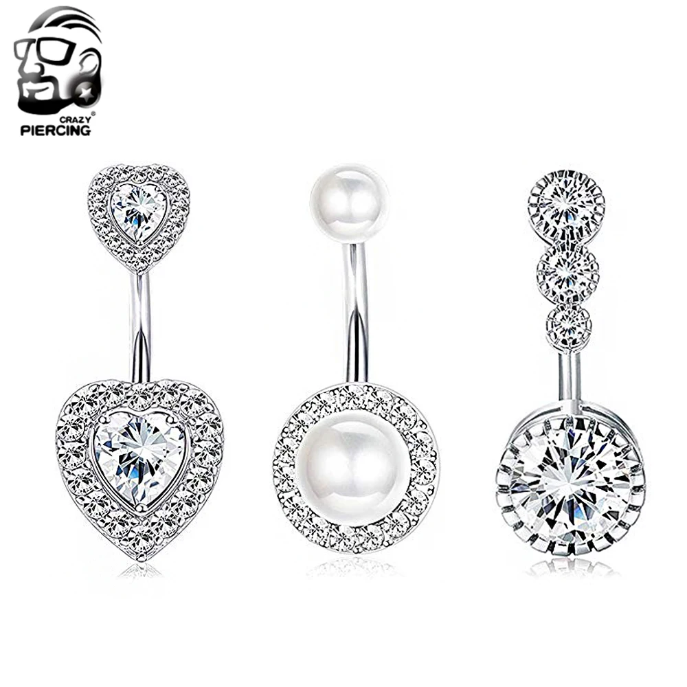 Sexy Crystal Pearl Belly Button Rings Dangle Surgical Steel Bars 14G Piercing Ombligo Cute Heart Navel Rings Body Jewelry Woman