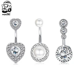 Sexy Crystal Pearl Belly Button Rings Dangle Surgical Steel Bars 14G Piercing Ombligo Cute Heart Navel Rings Body Jewelry Woman