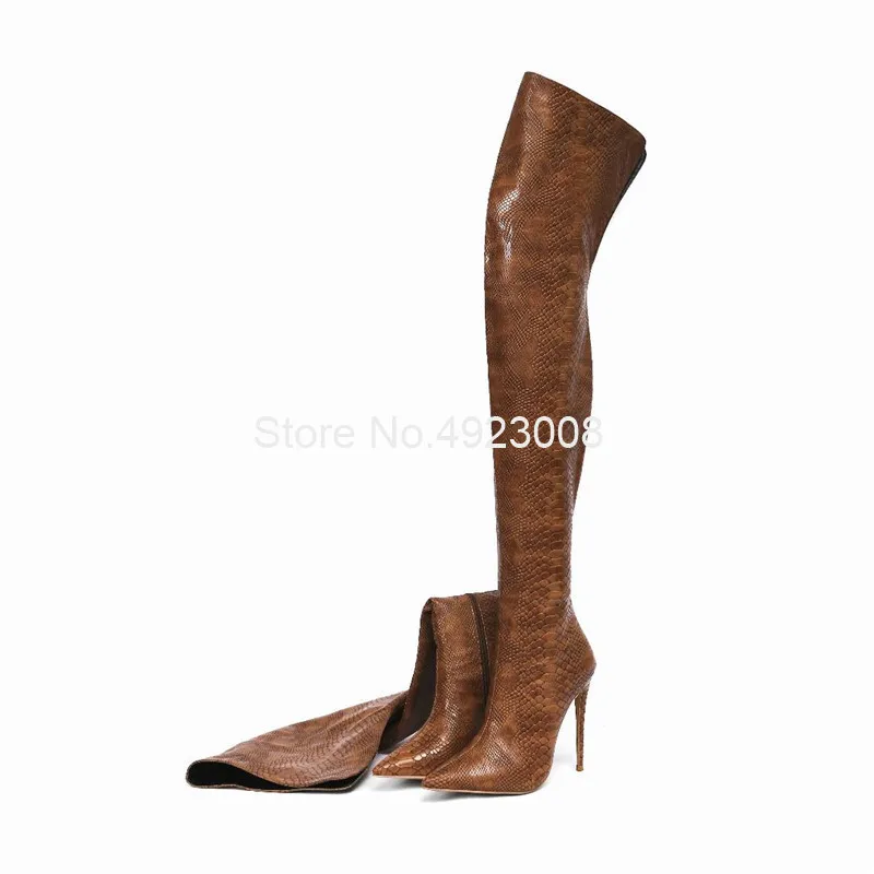 Over The Knee Snakeskin Boots Women Retro Bright Brown Sexy Boots 12Cm Thin Heel High Boots Warm Fur Winter Shoes Woman Hot Sale