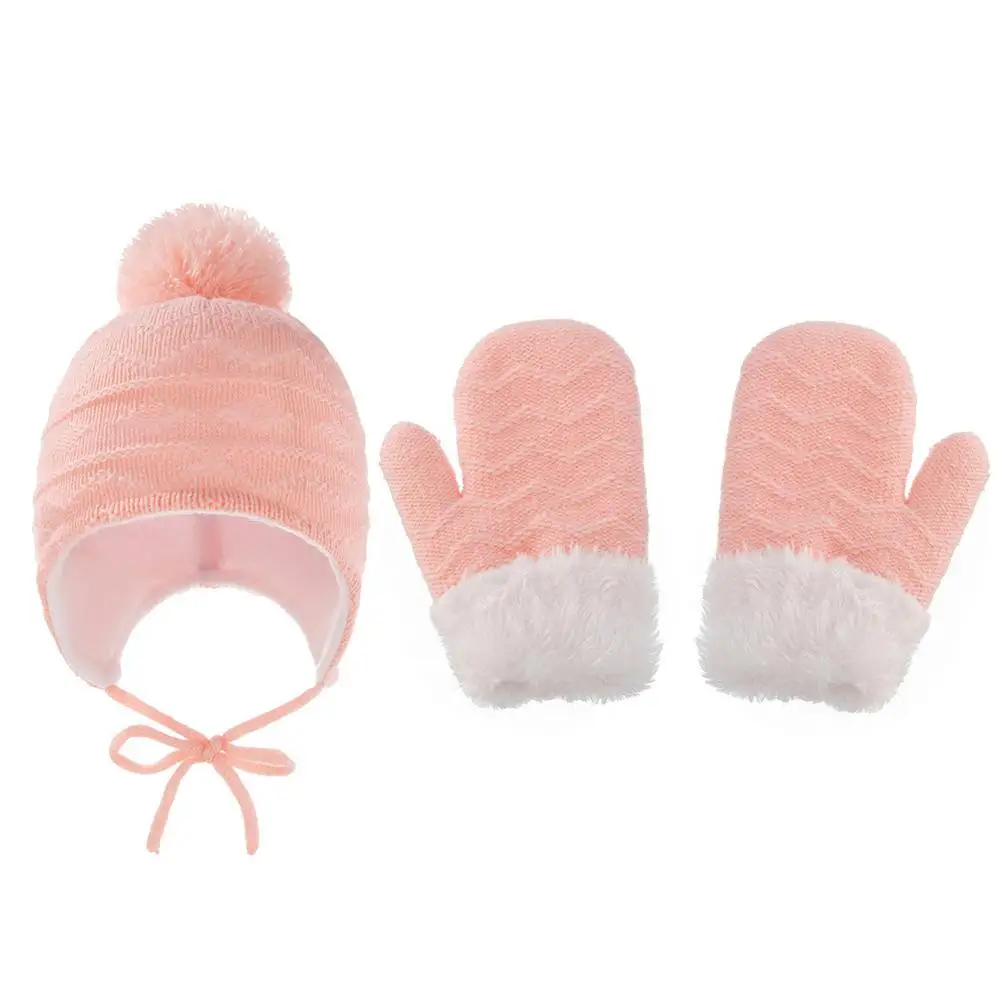 Warme Kinder Gestrickte Hüte Mit Ohr Klappen Atmungsaktive Baby Thermische Handschuh Kappen Set Winddicht Kinder Fleece Gefüttert Strick Hut 2 piec