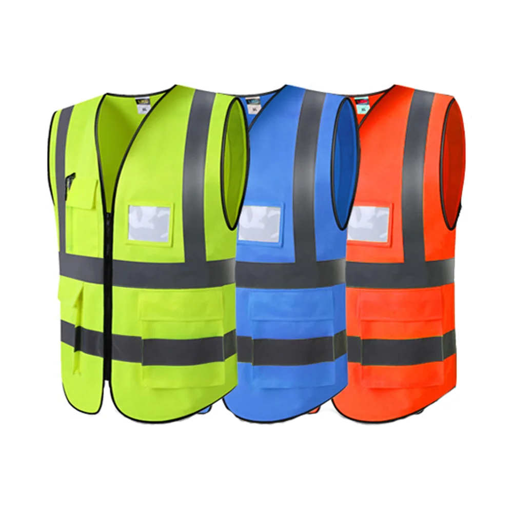 Visibilitas Tinggi Keselamatan Rompi Reflektif Kain Peringatan Rompi Neon Workwear dengan Saku Jaket Motor Pakaian