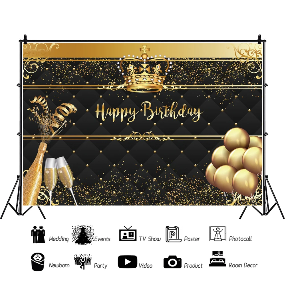 Laeacco สีดำหัวมงกุฎทองบอลลูนวันเกิดที่กำหนดเองภาพโปสเตอร์ภาพพื้นหลังถ่ายภาพฉากหลัง