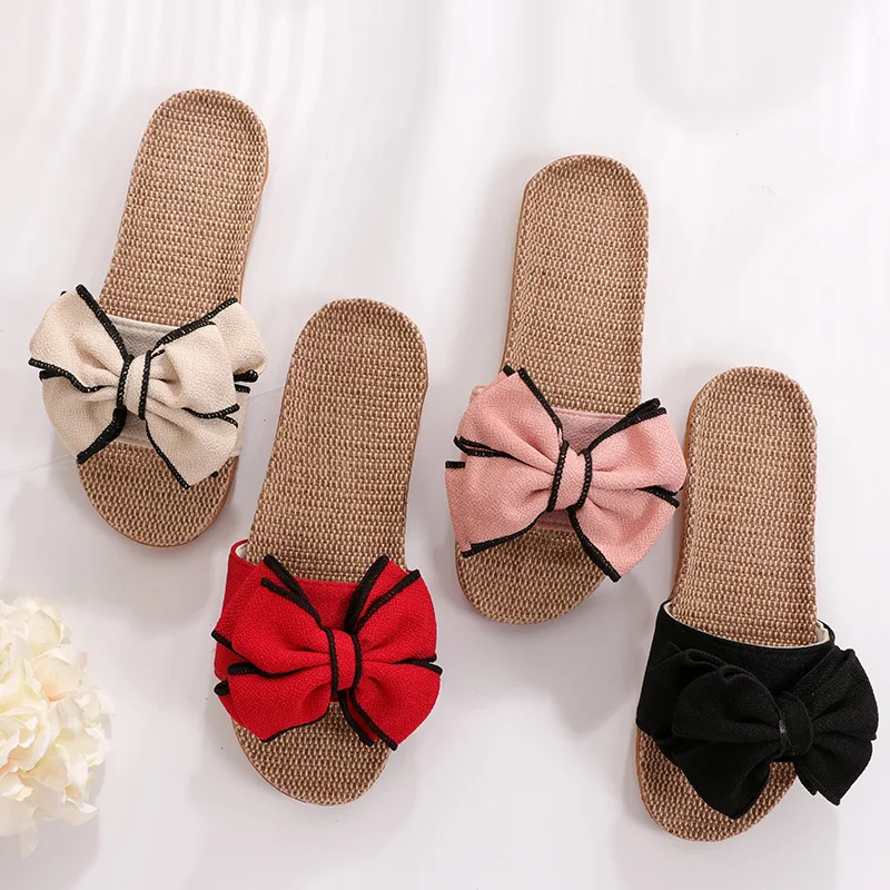 Glglgege Women Summer Casual Slides Comfortable Flax Slippers Striped Bow Linen Flip Flops Platform Sandals Ladies Indoor Shoes