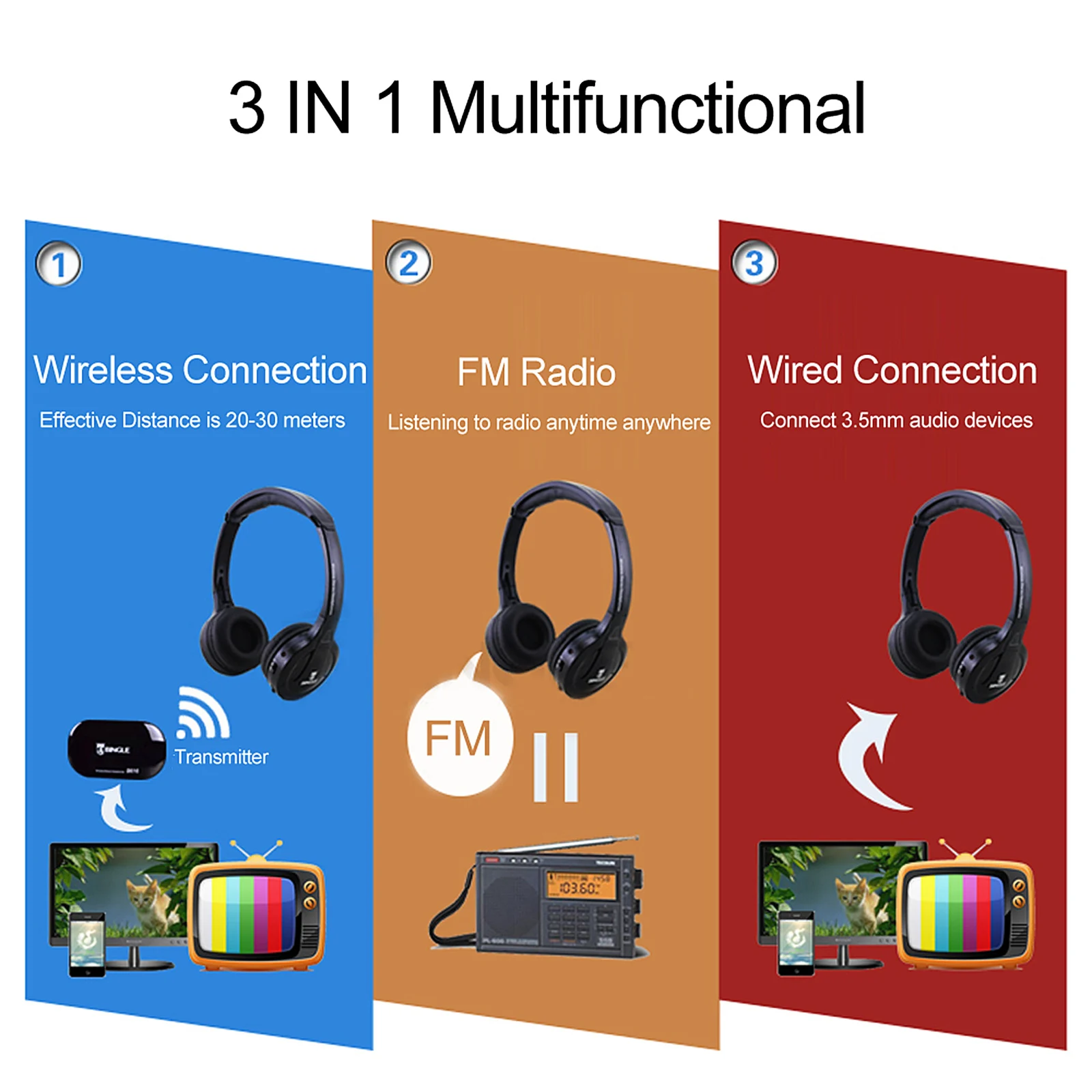 BINGLE B616 Multifunction Wireless Stereo Headphones On Ear Headset FM Radio Wired Earphone Transmitter for PC TV Smart Phones