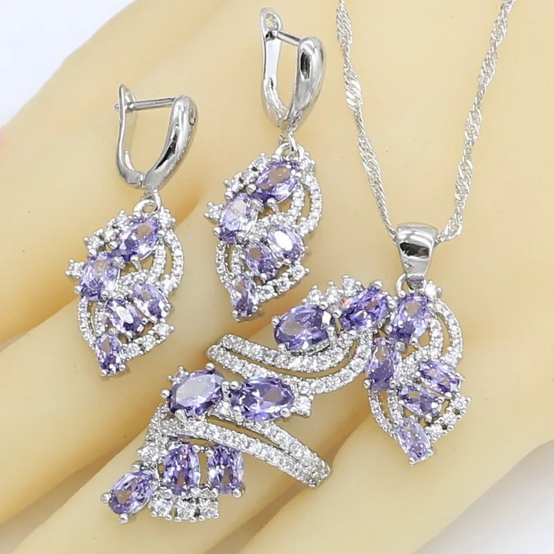 Dubai Jewelry Sets for Women Wedding Purple Amethyst Necklace Pendant Earrings Ring Bracelet Gift Box