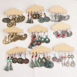 LATS Boho Ethnic Silver Color Earrings Set for Women Vintage Wood Tassel Dangle Earring 2020 New Fashion Earings Brincos Jewelry