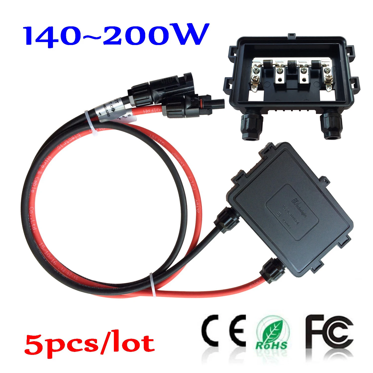 5pcs/Lot 140W - 200W Solar Panel Junction Box with 3 diode, 90cm 6mm2 PV Cable,  Connector waterproof IP65 PV junction box