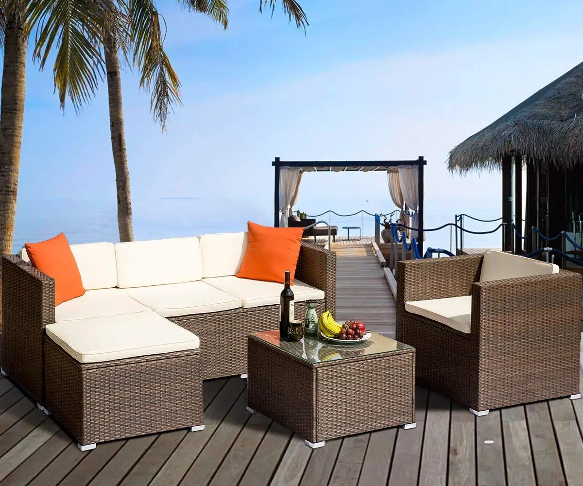 4Pcs Rattan Outdoor Patio Furniture Set Brown Wicker Garden Sofa Included 1 3-Seat 1 Ottoman 1 Armchair 1 Tea Table[US-Depot]