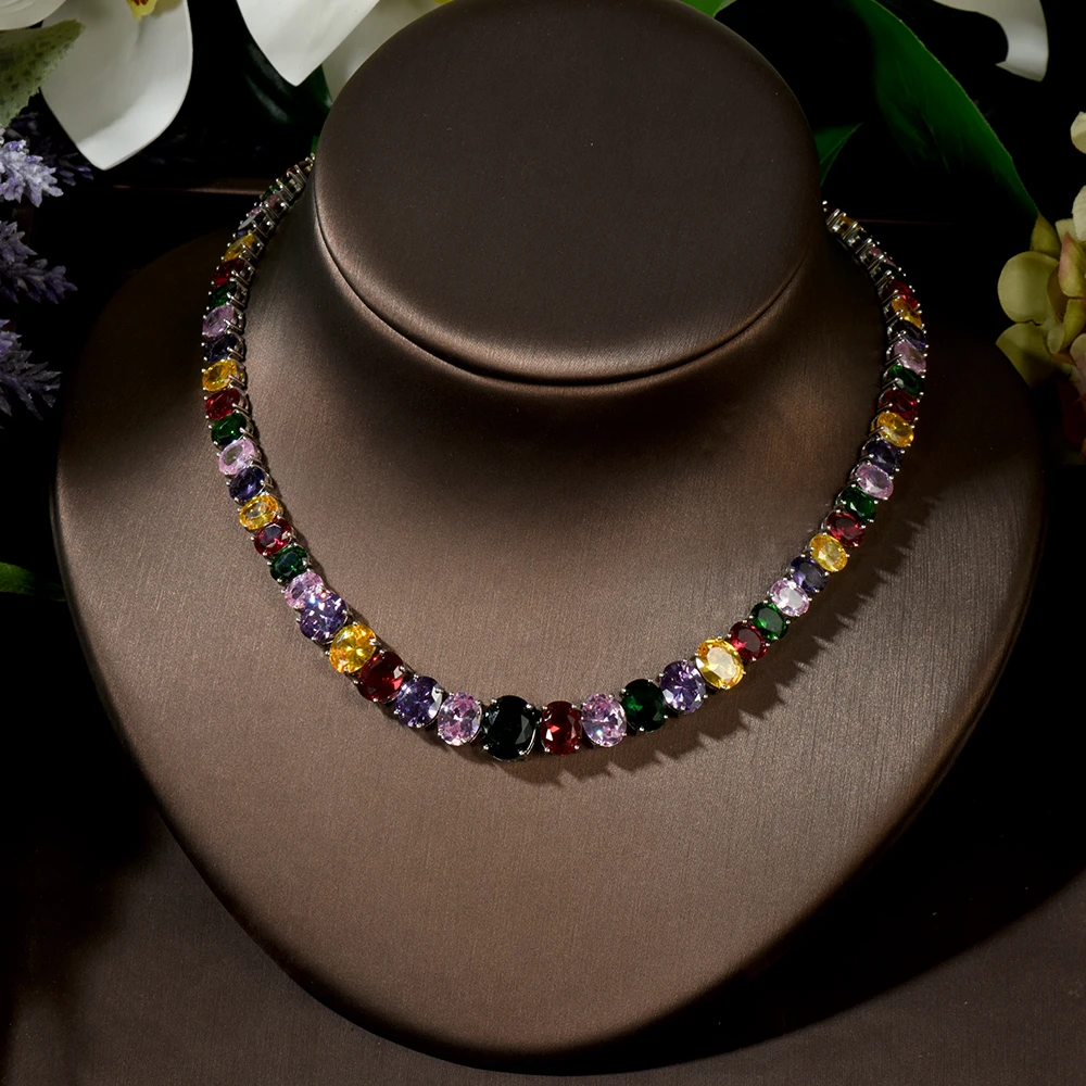 HIBRIDE البيضاوي جولة زركون قلادة أقراط للنساء أنيقة متعدد الألوان الكريستال الإناث عشاء اللباس والمجوهرات مجموعة N-1446