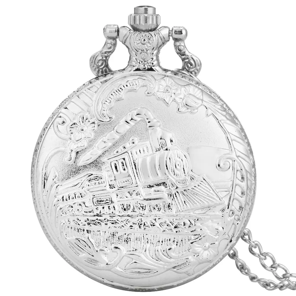 Creative Train Locomotive Engine Pattern Hollow Cover Design Quartz Pocket Watch Necklace Pendant Chain Unisex Clock cep saati