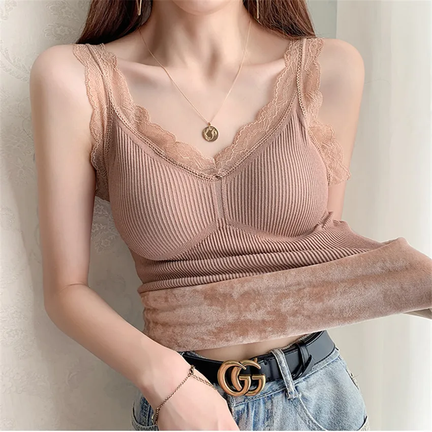 

2021 New Autumn Winter Fashion Warm Women Lace Vest Based Sleeveless Tops Female Thicked Velvet Vests Tanks Tees Bottomings 1565