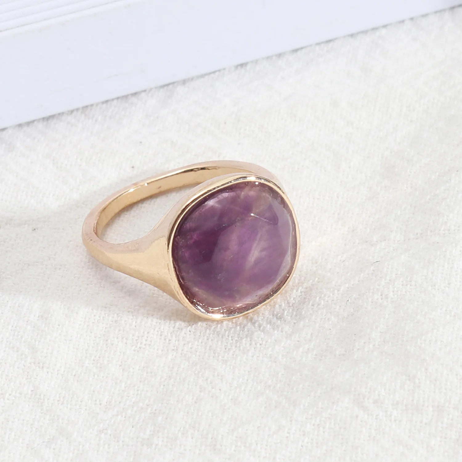 Fashion Pink Rose Quartz Healing Crystal Rings Geometric Gold Plated Purple Blue Green Natural Stone Ring for Women Jewelry Gift