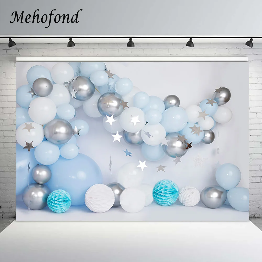 

Mehofond Photography Background Cake Smash Birthday Party Silver Blue Balloons Boy Children Backdrop For Photo Studio Photophone