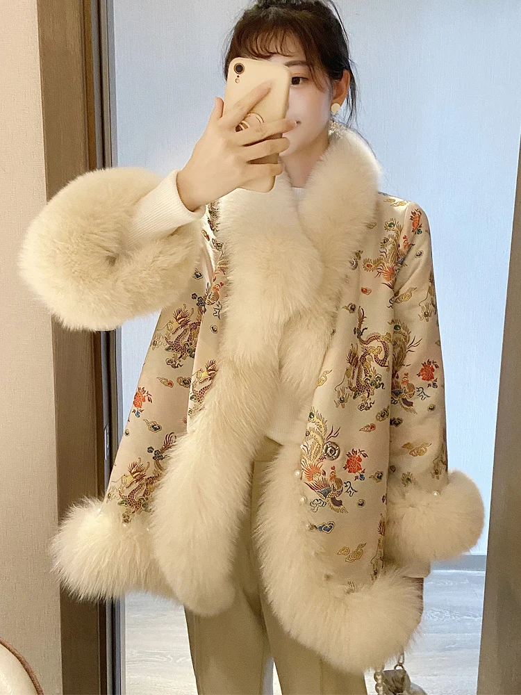 2021 Fashion New Chinese Style Cape Court Celebrity Satin Mid-Length High imitation fox fur Furry Fur Clothing Women\'s