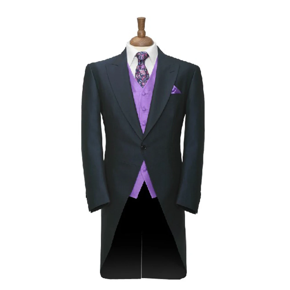 

Custom Made to Measure dark navy blue Tailcoat with purple vest,BESPOKE long tail tuxedo tailcoat,TAILORED MEN SUITS